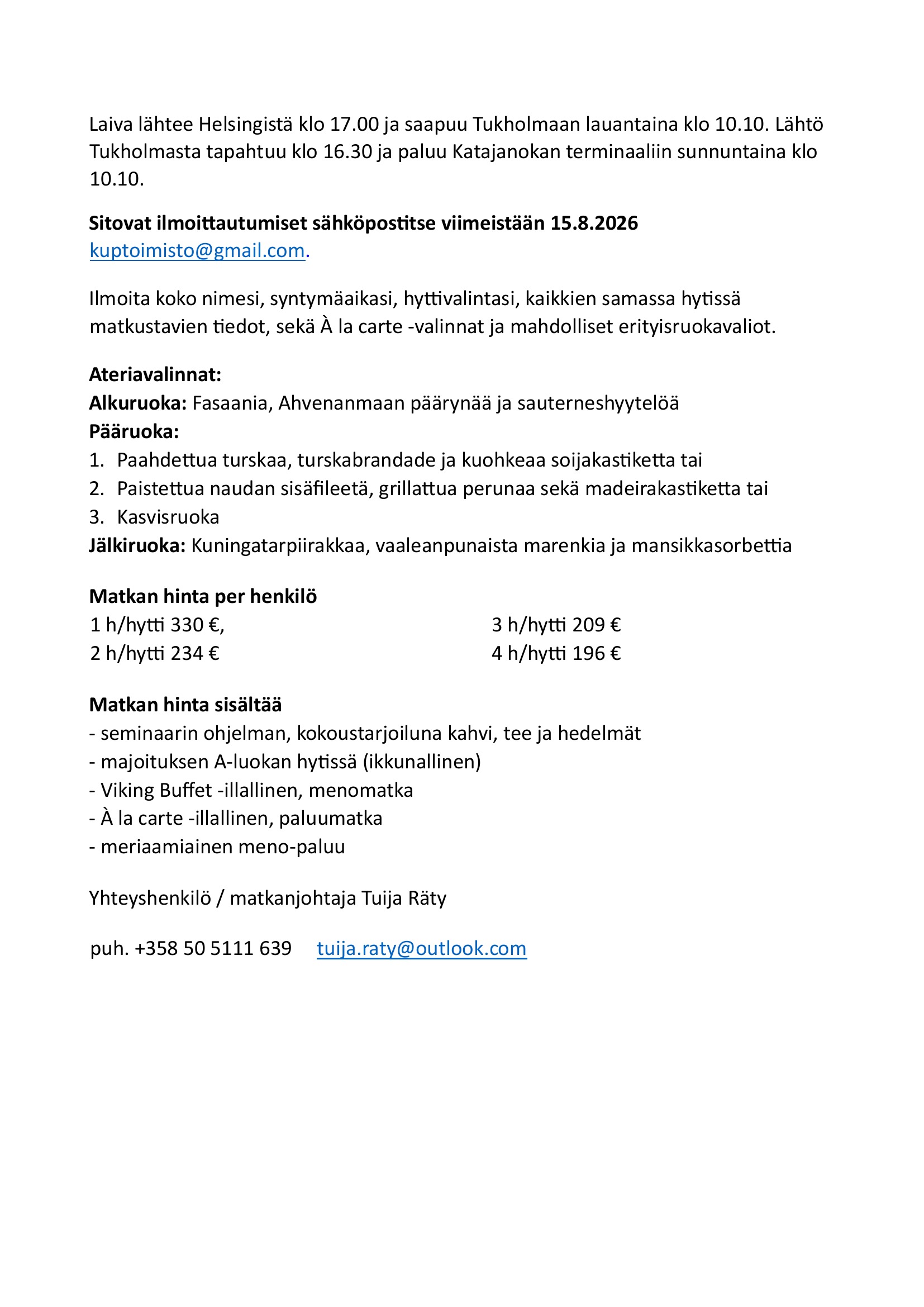 Verkostoseminaariristeilyn ohjelma ja hinnat, sivu 2